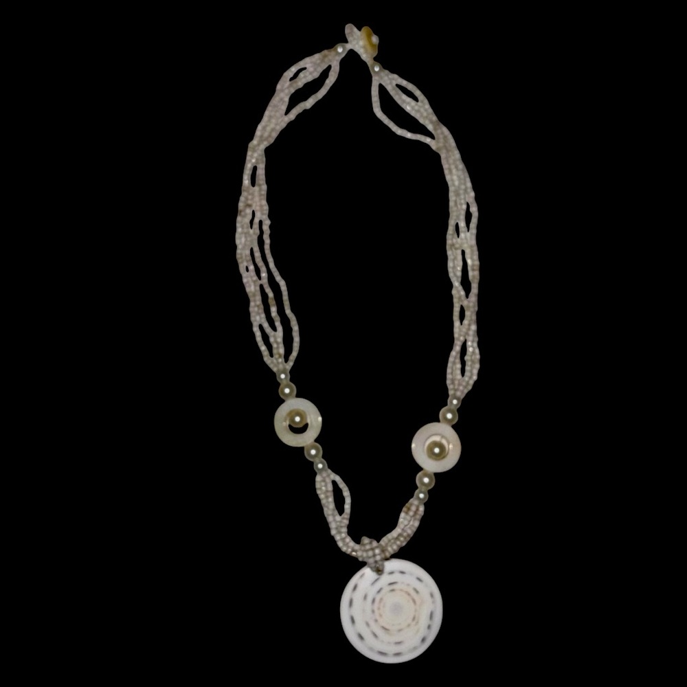 Shell Slice Pendant Seed Bead Multi Strand Necklace Faux Pearls